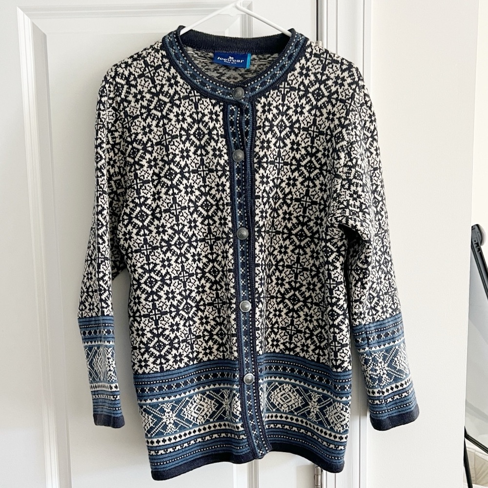 Icewear Icelandic Wool Fair Isle Nordic Button Front Cardigan Blue Cream Women L